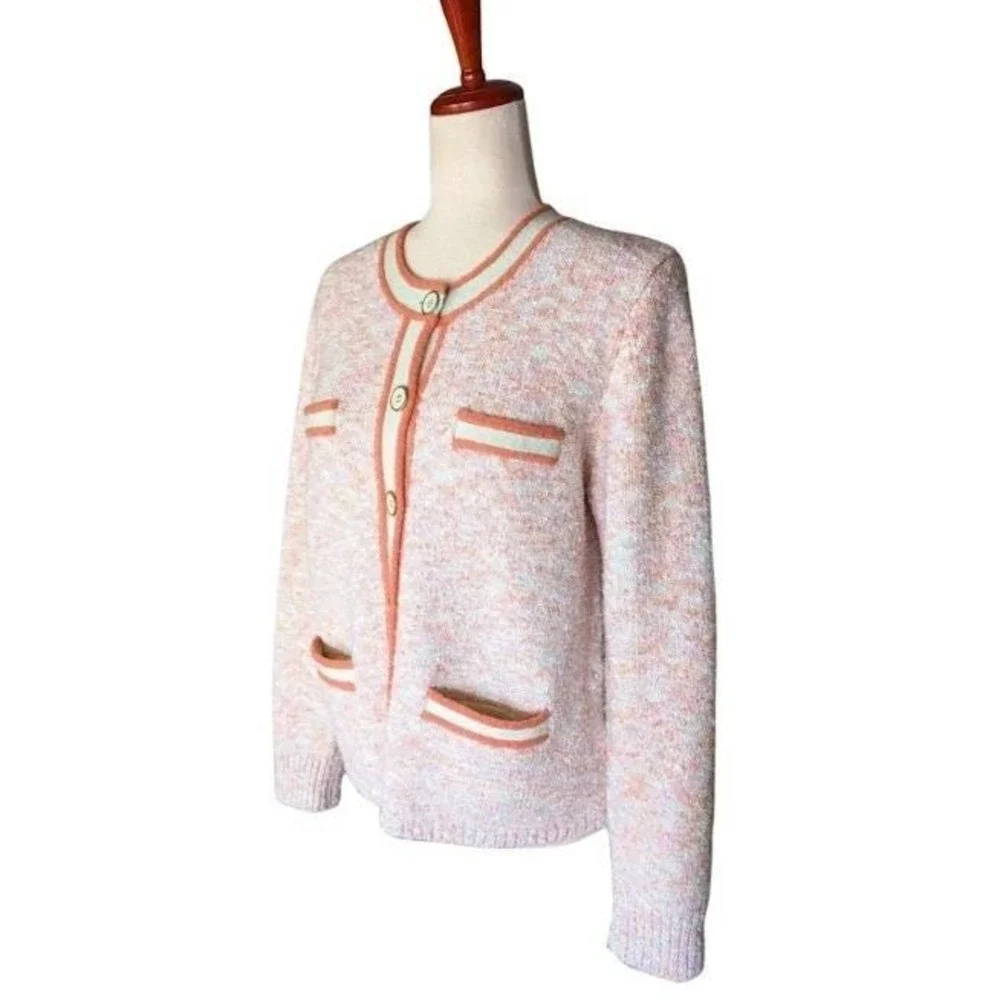 J.Crew Pink Peach Space Dye Marl Lady Jacket Cardigan Sweater Crew Neck Size M/L